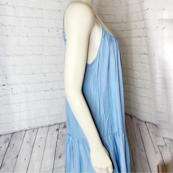New- Lumiere Tiered, Strappy, Relaxed Fit, Chambray, Pockets, Blue Maxi Dress LG - Picture 7 of 14